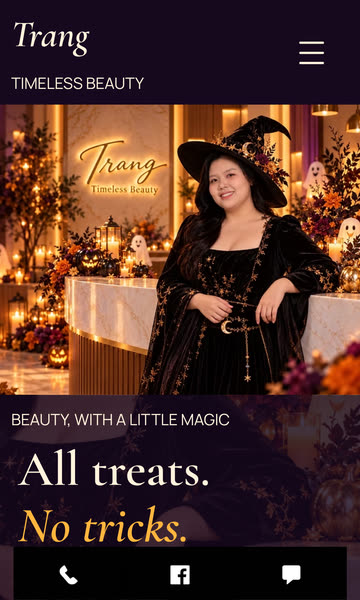 Trang Timeless Beauty website on a phone, in its Halloween theme